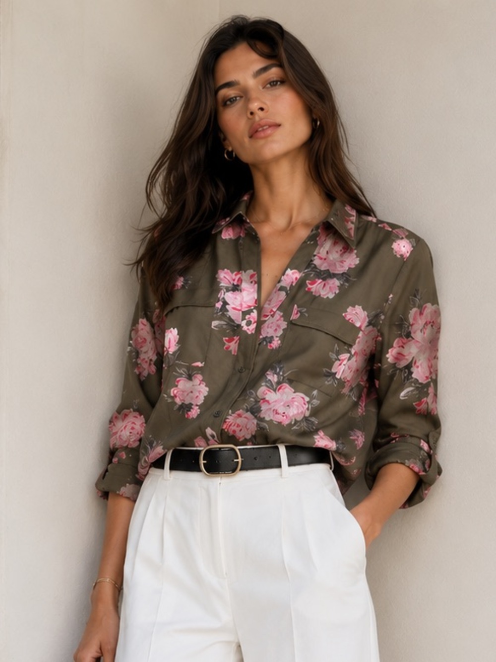 Candie's Olive Green & Pink Floral Roll-Tab Blouse - Size M
